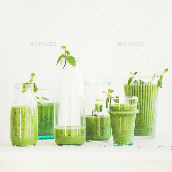 Matcha green smoothie with chia seeds and fresh mint - Stock Photo - Images