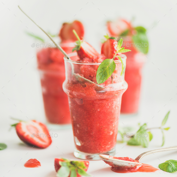Strawberry and champaigne summer granita in glasses, square crop - Stock Photo - Images