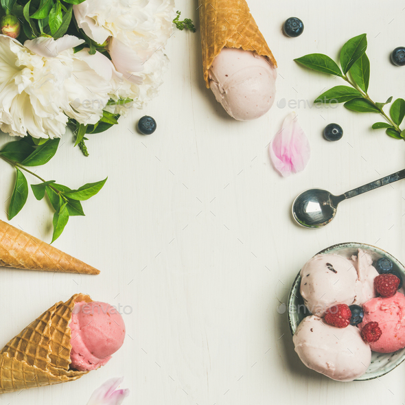 Flat-lay of ice cream scoops and peonies, square crop - Stock Photo - Images
