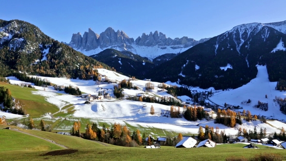 View of St. Maddalena Village in Dolomites of Italy