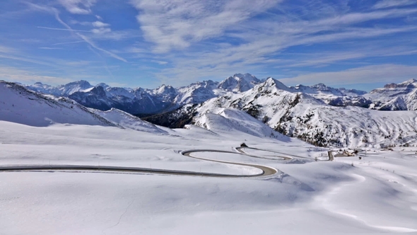 Panorama of Snow Landscape of Passo Giau, Dolomites, Italy