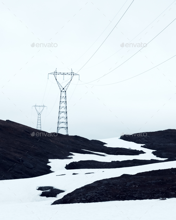 Typical norwegian landscape with snowy mountains - Stock Photo - Images