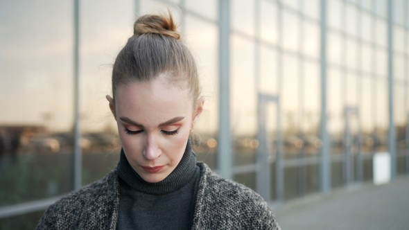 Happy Smiling Businesswoman Looking at Camera Outside While Working at Modern Business Center alt