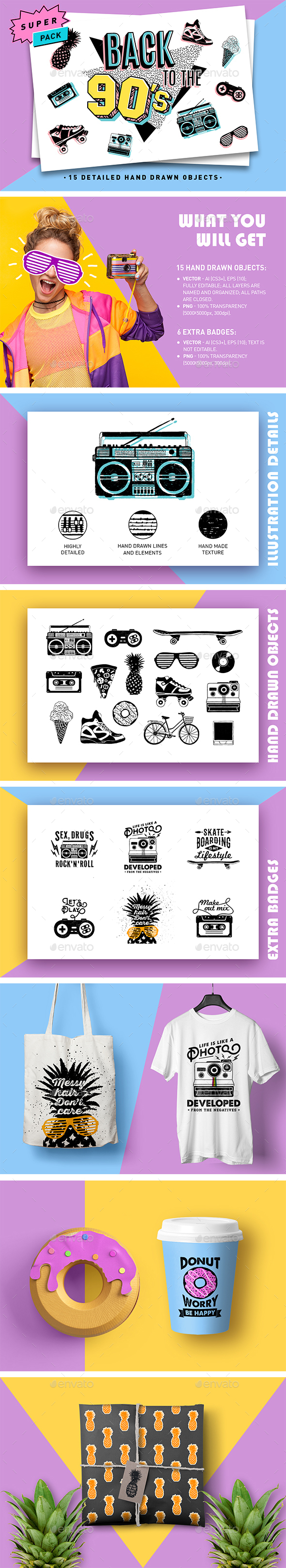 Back to the 90's. Hand Drawn Detailed Illustrations - Miscellaneous Graphics