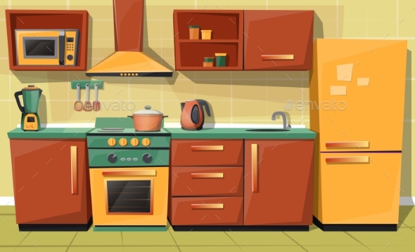 Vector Cartoon Kitchen Counter with Appliances - Man-made Objects Objects