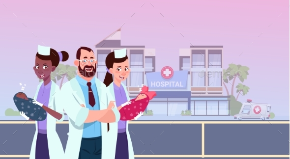 Nurses and Doctor Holding Newborn Children - Health/Medicine Conceptual