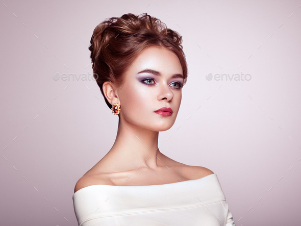 Brunette woman with elegant and shiny hairstyle - Stock Photo - Images