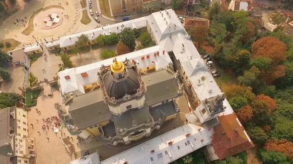 Flying Over Cathedral of St. Jura Lviv Ukraine.