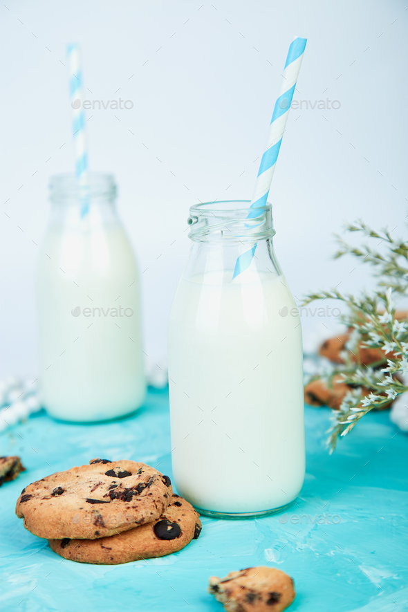 Cookie chocolate with a milk bottles. - Stock Photo - Images