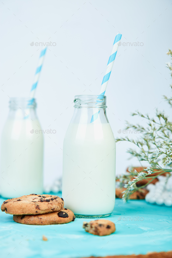 Cookie chocolate with a milk bottles. - Stock Photo - Images