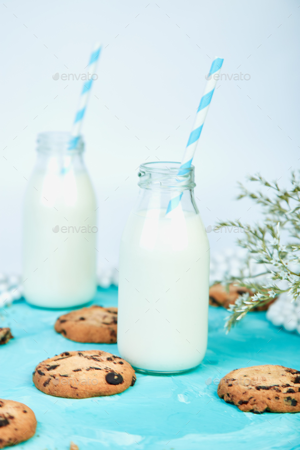 Cookie chocolate with a milk bottles. - Stock Photo - Images