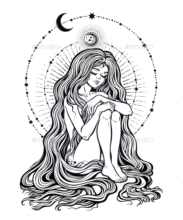 Girl Witch with Long Wavy Hair Falling Down - People Characters