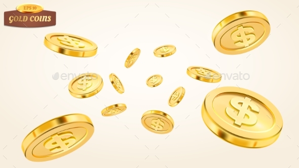 Realistic Gold Coin Explosion or Splash on White - Backgrounds Decorative