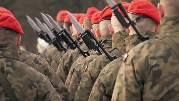 Soldiers in Red Berets with Guns Stand with Their Backs To the Camera. Presentation of Medals alt
