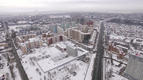 Aerial Winter View of Samara City with Camera Moving Back