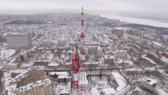 Aerial of Tv Tower in Winter Day, Samara City