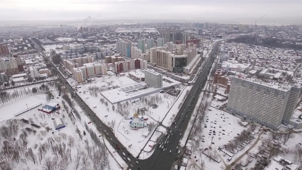 Aerial Winter View of Samara City with Camera Moving Forward