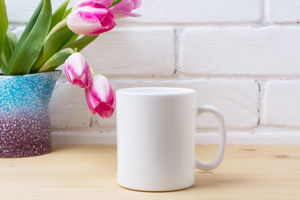 Download White coffee mug mockup with pink tulip in purple blue vase Stock Photo by TasiPas