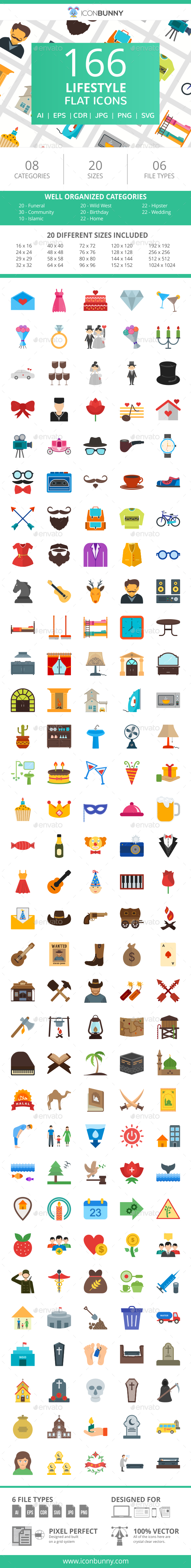 166 Lifestyle Flat Icons - Icons