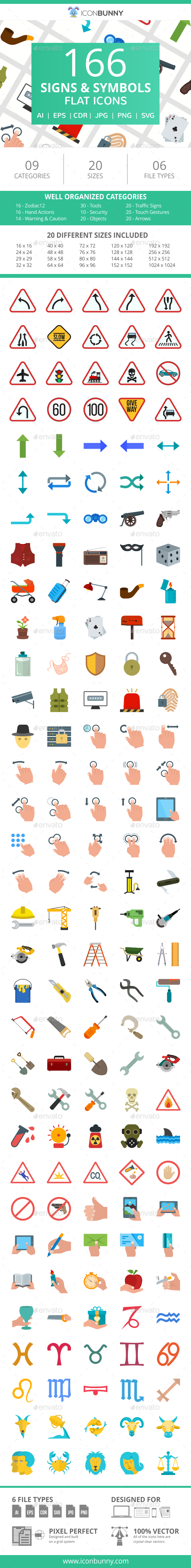166 Signs & Symbols Flat Icons - Icons