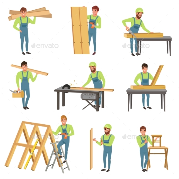 Cartoon Set of Carpenter Characters at Work - People Characters