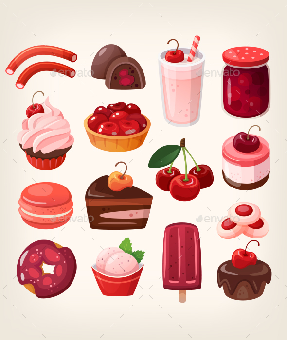 Set of Desserts with Cherry Flavors - Food Objects