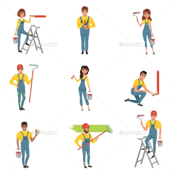 Flat Vector Set of Painters with Equipment Brush - People Characters