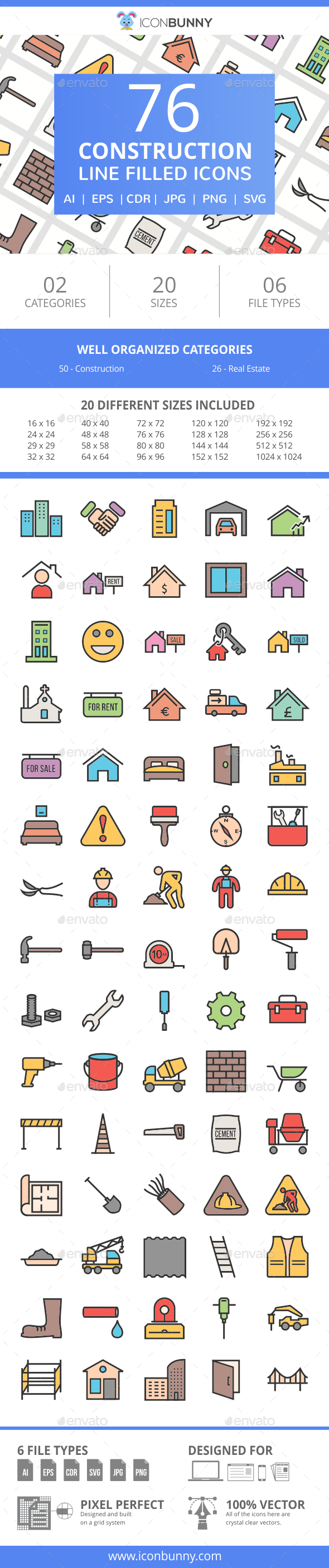 76 Construction Filled Line Icons - Icons