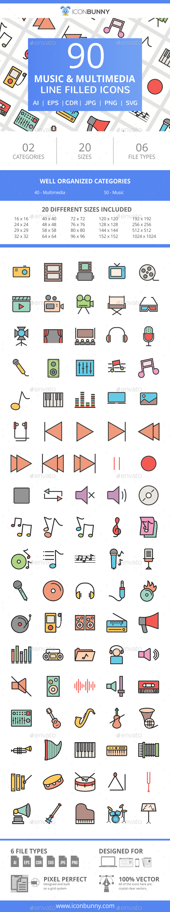 90 Music & Multimedia Filled Line Icons - Icons
