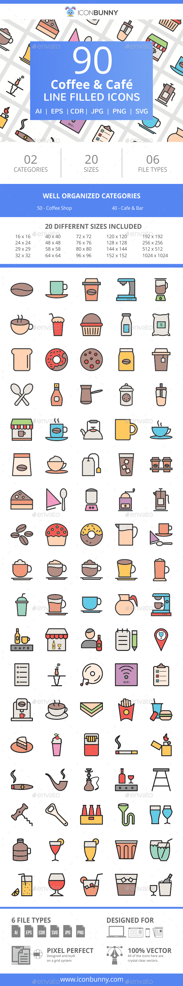 90 Coffee & Cafe Filled Line Icons - Icons