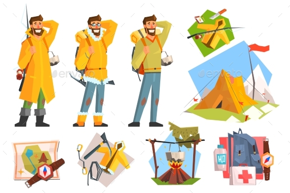 Man Dressed As Camper, Fisher and Climber. - Sports/Activity Conceptual