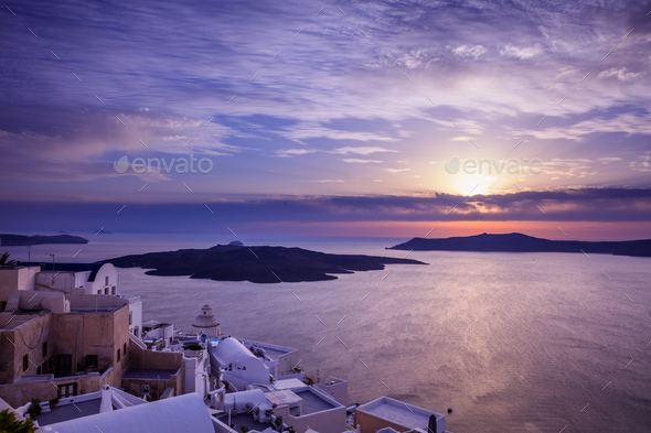 Santorini island, Greece - Sunset over Aegean sea - Stock Photo - Images