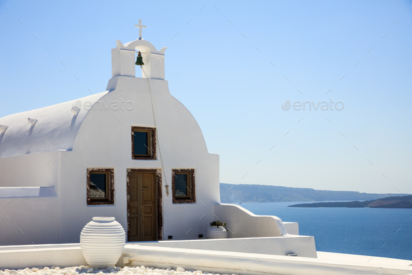 White church in Santorini Greece - Stock Photo - Images