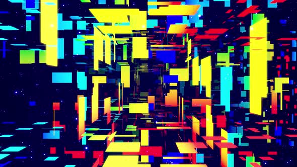 Motion Graphic Camera Fly in Art Space Multilayer Structure with Pattern Glow Particles and Lines alt