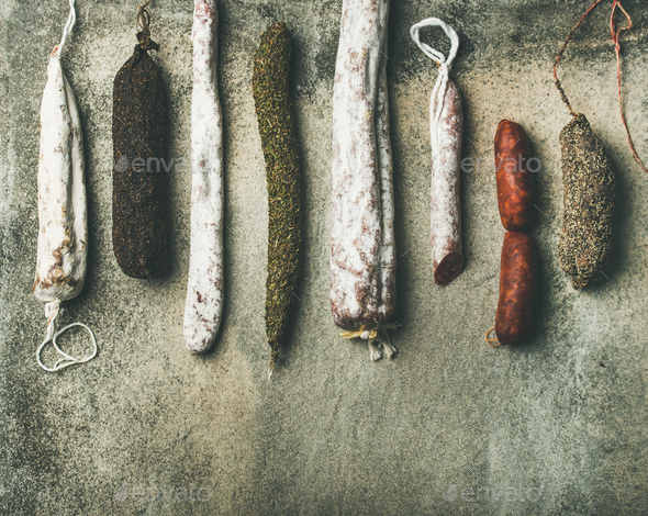 Variety of Spanish or Italian cured meat sausages - Stock Photo - Images