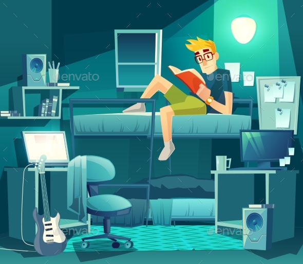 Vector Dormitory Room at Night - People Characters