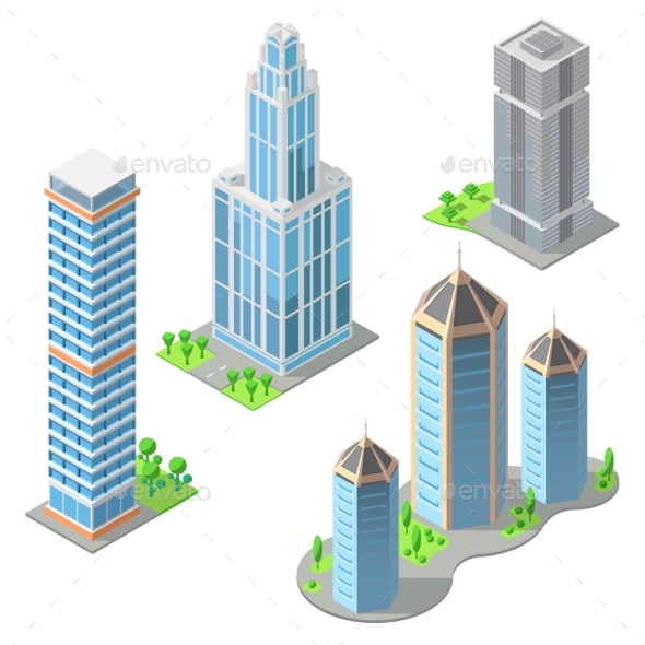 Vector Isometric Modern Buildings Cartoon - Buildings Objects