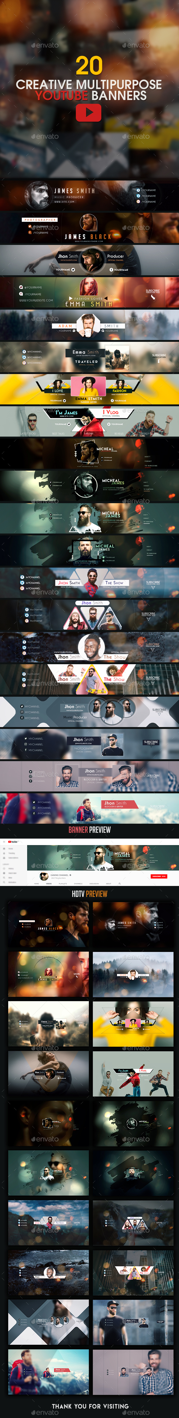 YouTube Bundle - 20 Creative MultiPurpose YouTube Banners - YouTube Social Media