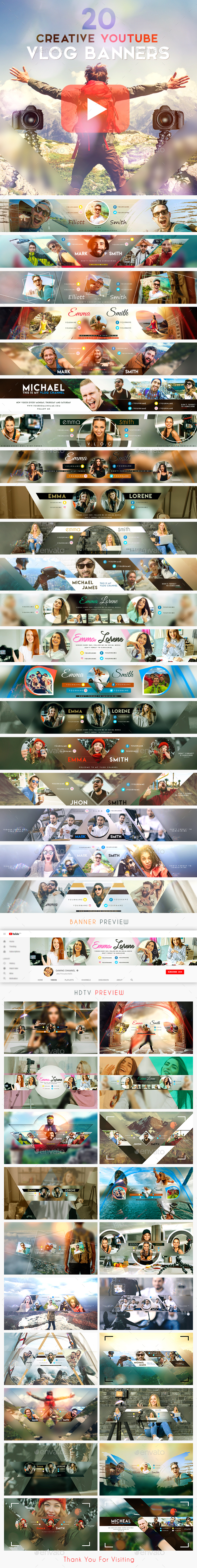 Vlog Bundle - 20 Creative YouTube Vlog Banners - YouTube Social Media
