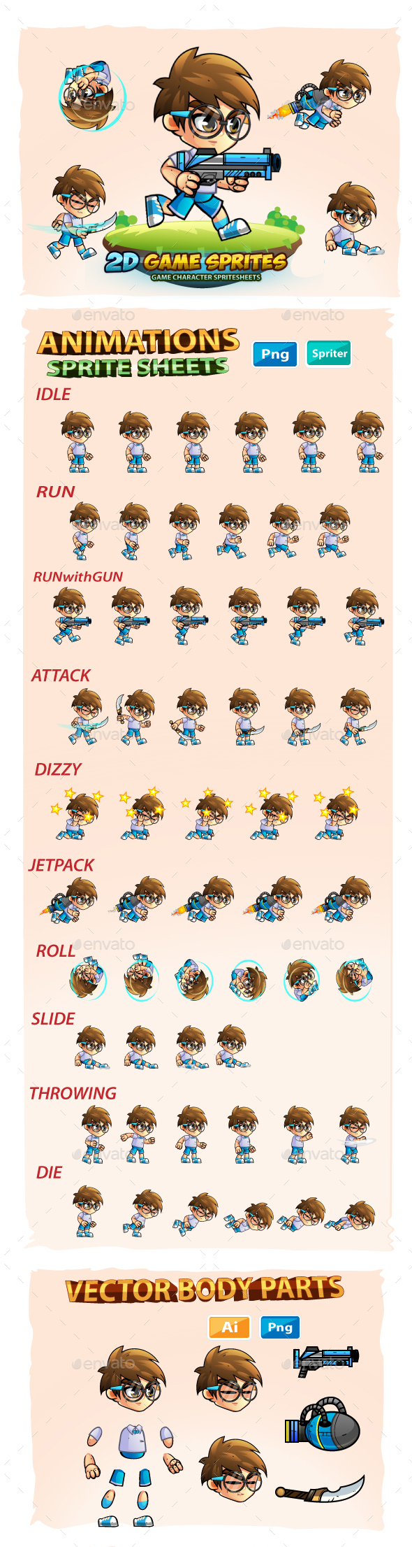 Geek Boy- 2D Game Character Sprites