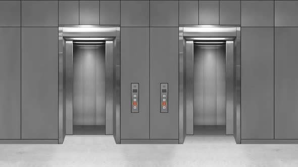 Sliding Steel Door Elevator Open Showing Lift Interior. Office Building with Grey Walls.