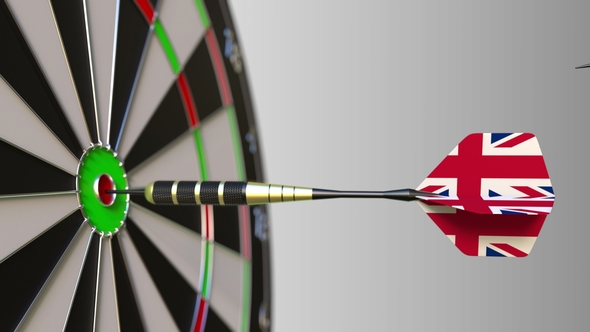 Flags of the United Kingdom on Darts Hitting Bullseye, Motion Graphics