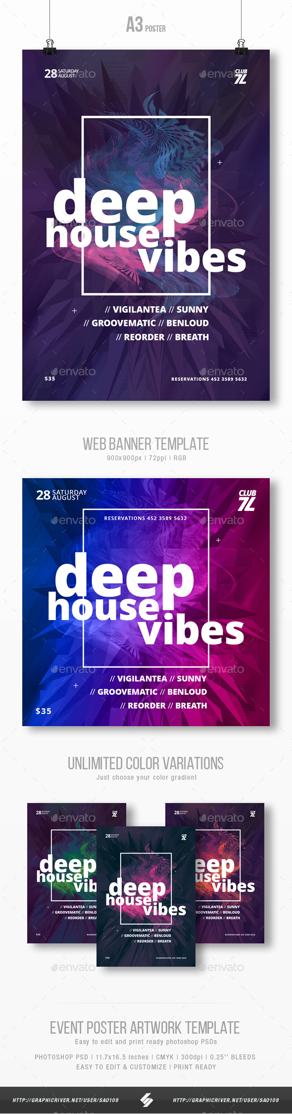 Deep House Vibes - Party Flyer / Poster Template A3 - Clubs & Parties Events