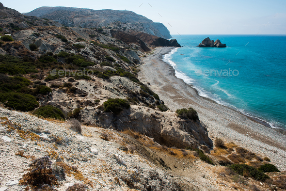 Aphrodite's rock. Rocky coastline on the Mediterranean sea in Cyprus. Petra tou Roumiou - Stock Photo - Images