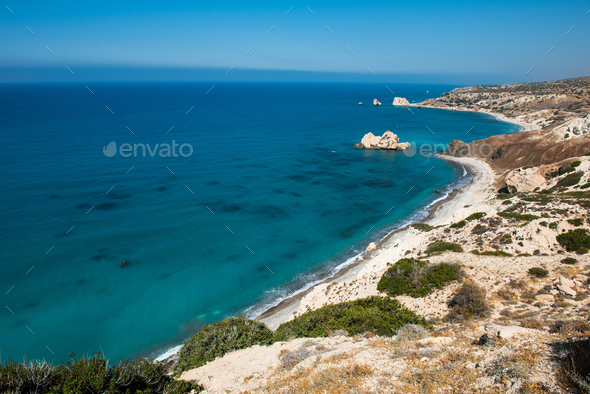 Rocky coastline on the Mediterranean sea in Cyprus. Petra tou Roumiou - Stock Photo - Images