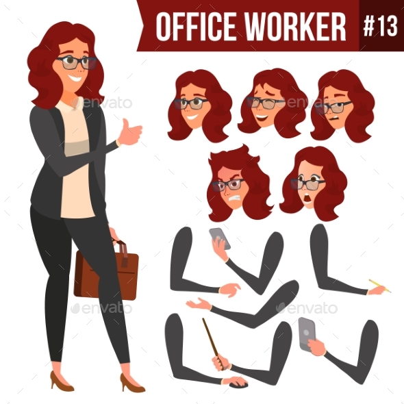 Office Worker Vector. Woman. Happy Clerk, Servant - Business Conceptual