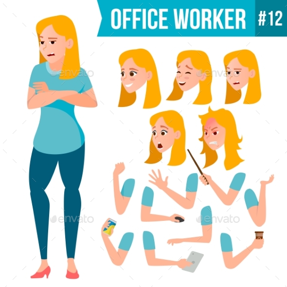 Office Worker Vector. Woman. Happy Clerk, Servant - Business Conceptual