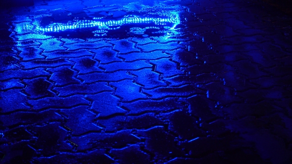 Rain on the Night Street. Blue Light Reflection in Puddle.