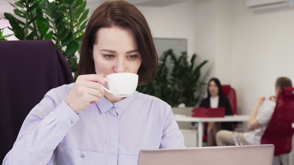 Business Woman Working on Laptop and Drinking Coffee in the Office