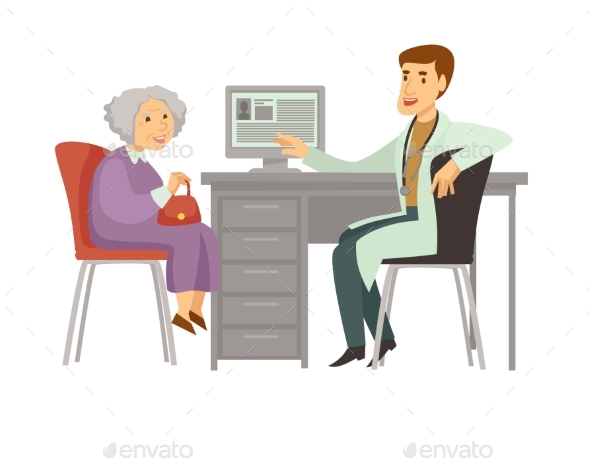 Old Woman Patient Visit Doctor Vector Cartoon Icon - Health/Medicine Conceptual